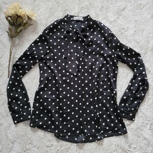 ✨️CL Mulaya Black White Polka Dot Tie High Collar Blouse Size S